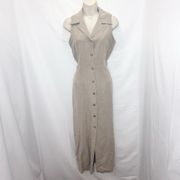 Vintage 90s GAP Linen Button Front Shirt Dress Oatmeal Maxi Sleeveless S Neutral - Picture 2 of 13